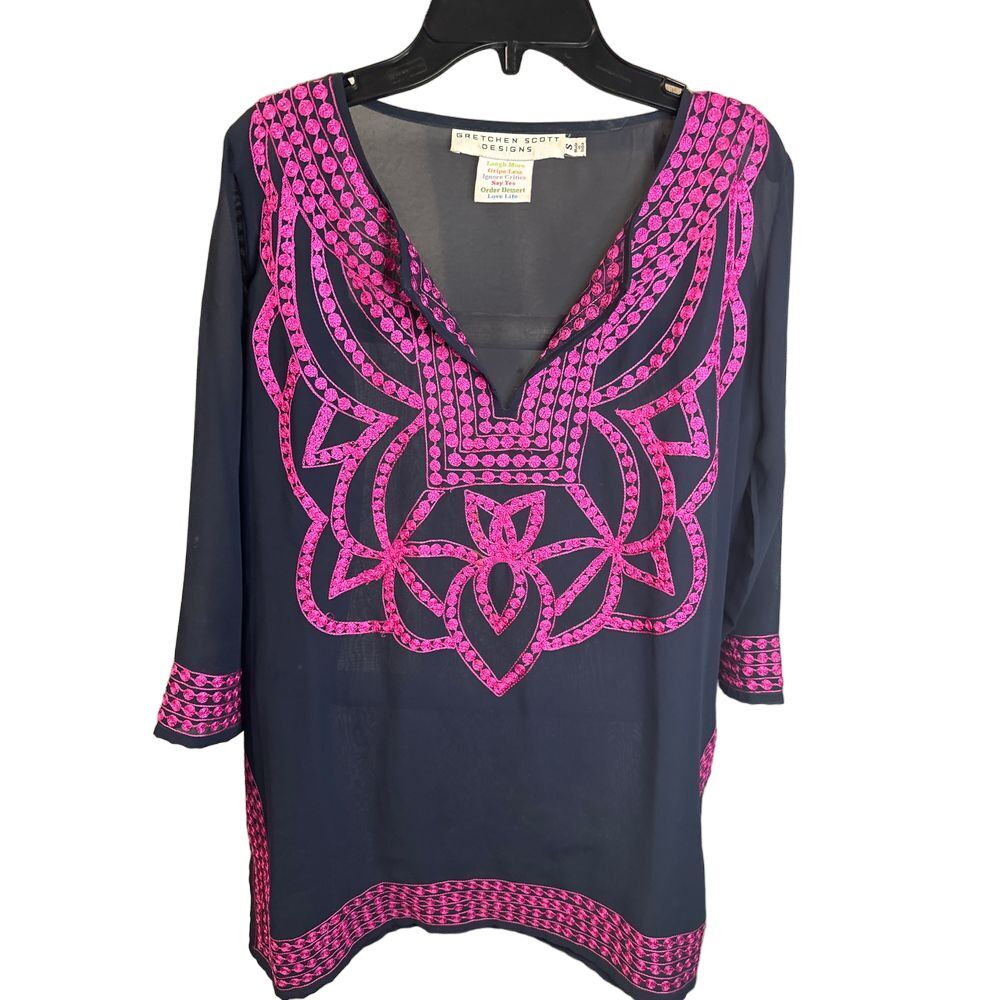 GRETCHEN SCOTT $159 Navy Pink Embroidered Split Neck Tunic Dress Size S
